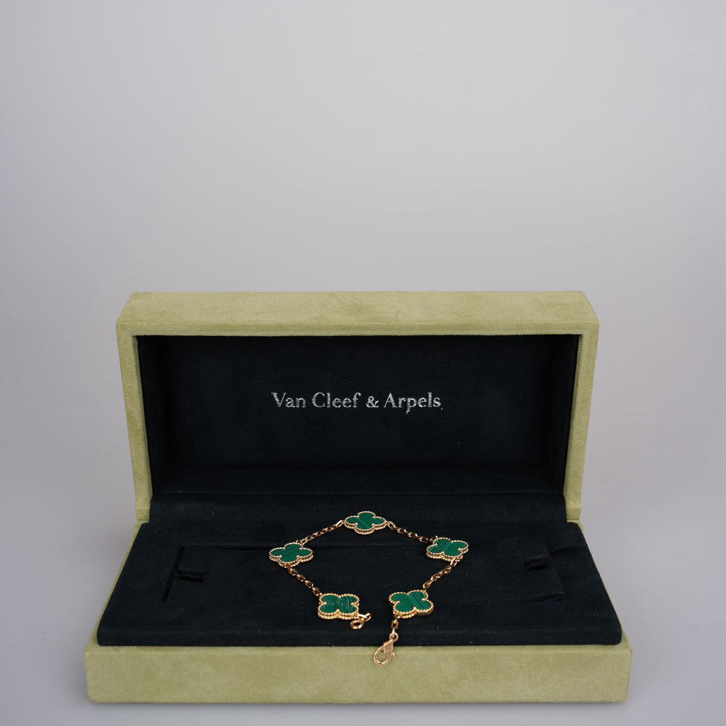 Van Cleef & Arpels 18k Yellow Gold Malachite 5 Motifs Vintage Alhambra Bracelet 2019