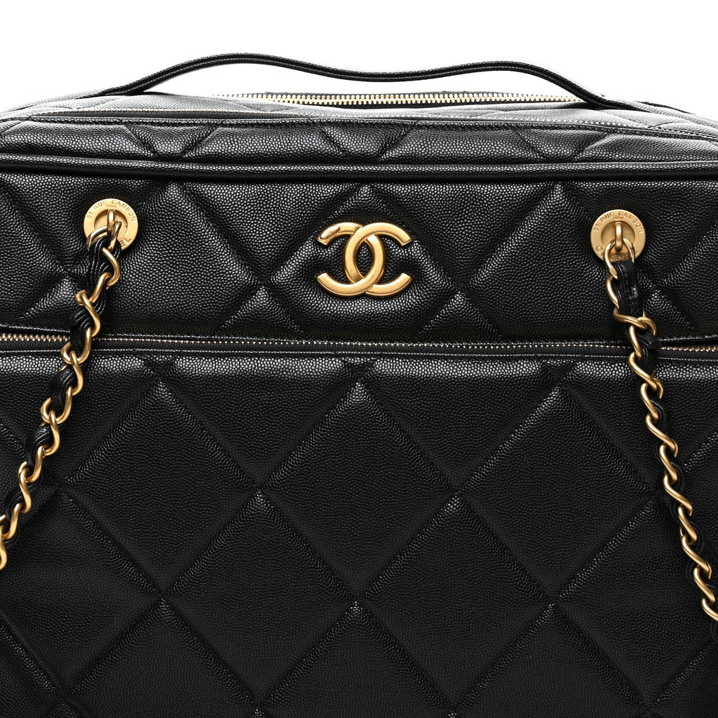 Shiny Grained Calfskin Quilted Travel Bowling Bag Black