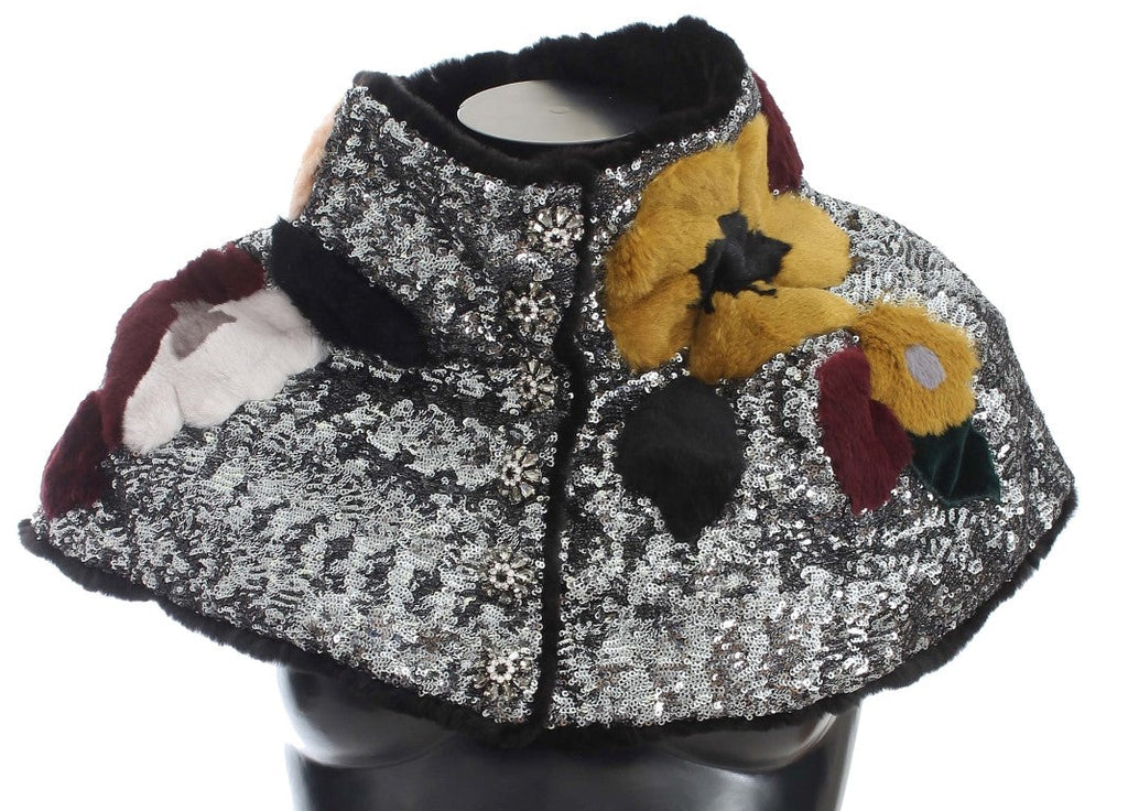 Dolce & Gabbana Silver Sequined Floral Weasel Fur Shoulder Scarf Women's Wrap