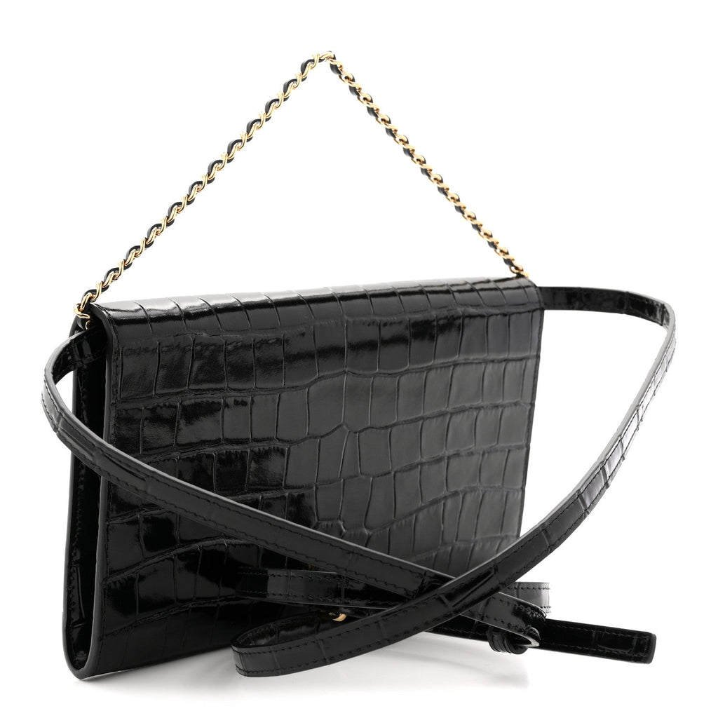 Calfskin Crocodile Embossed Clutch With Chain Black