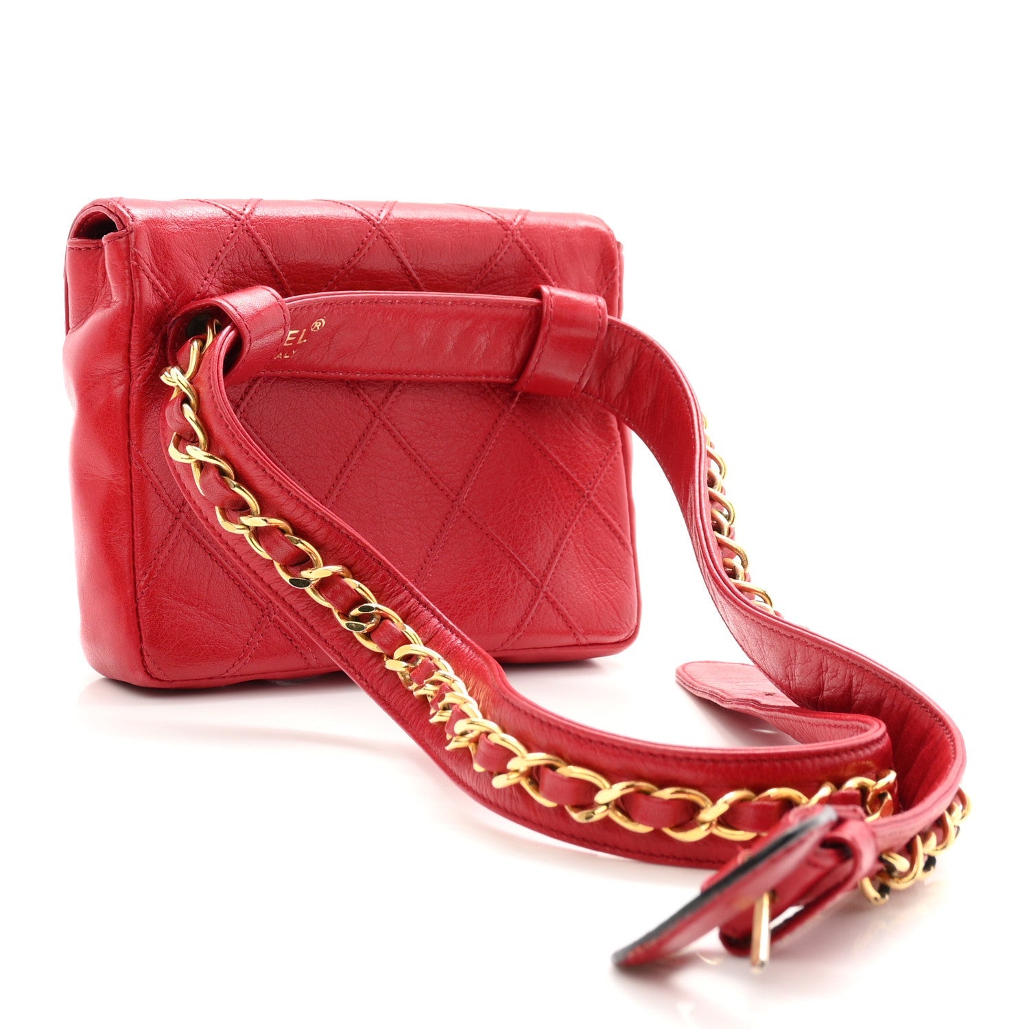 Lambskin Diamond Stitched Waist Chain Belt Flap Bag 75 30  Red