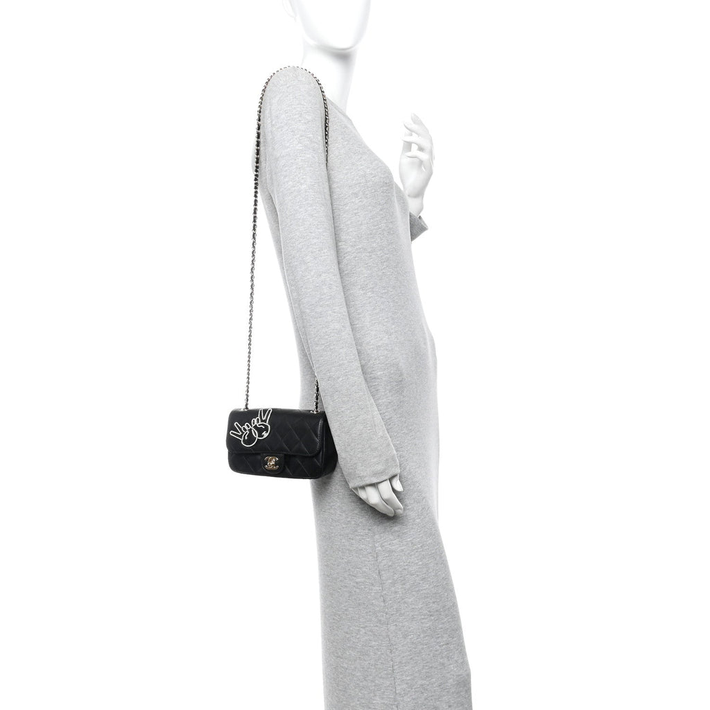 Lambskin Quilted Extra Mini V For Victory Flap Black