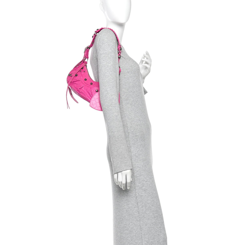Extra Supple Calfskin Crocodile Embossed XS Le Cagole Shoulder Bag Lipstick Pink