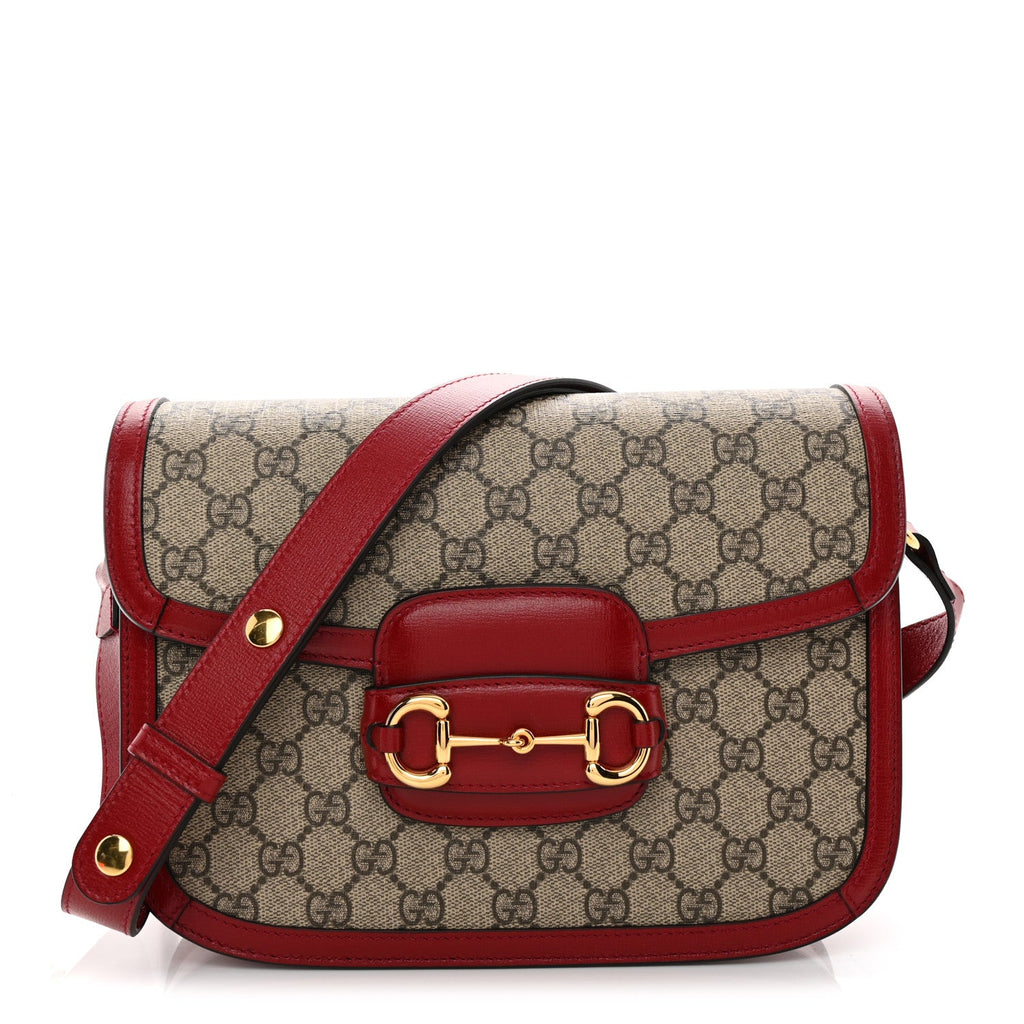 GG Supreme Monogram Azalea Calfskin Horsebit 1955 Shoulder Bag Beige Ebony New Cherry Red
