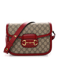 GG Supreme Monogram Azalea Calfskin Horsebit 1955 Shoulder Bag Beige Ebony New Cherry Red