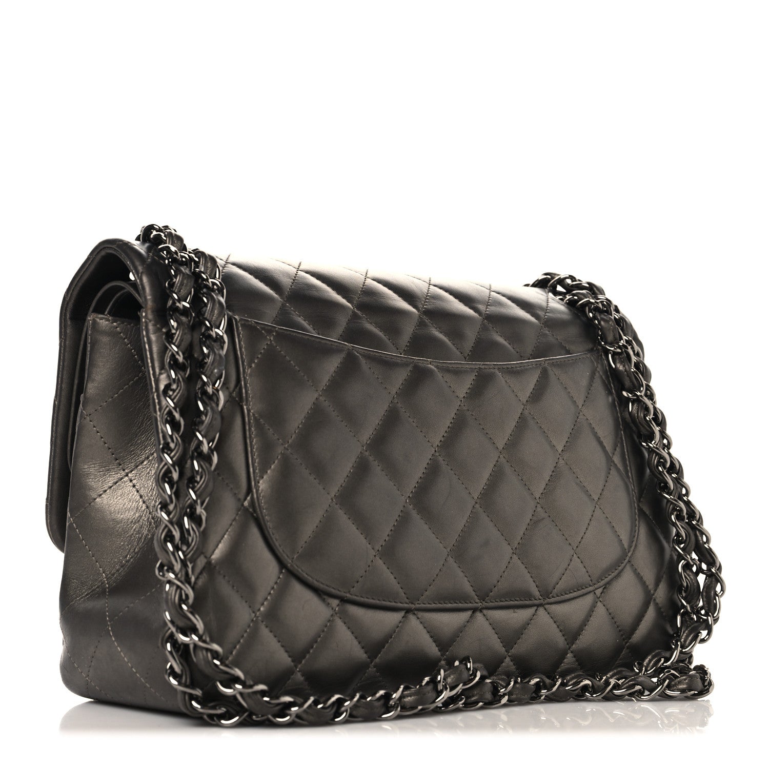Metallic Lambskin Quilted Jumbo Double Flap Pewter