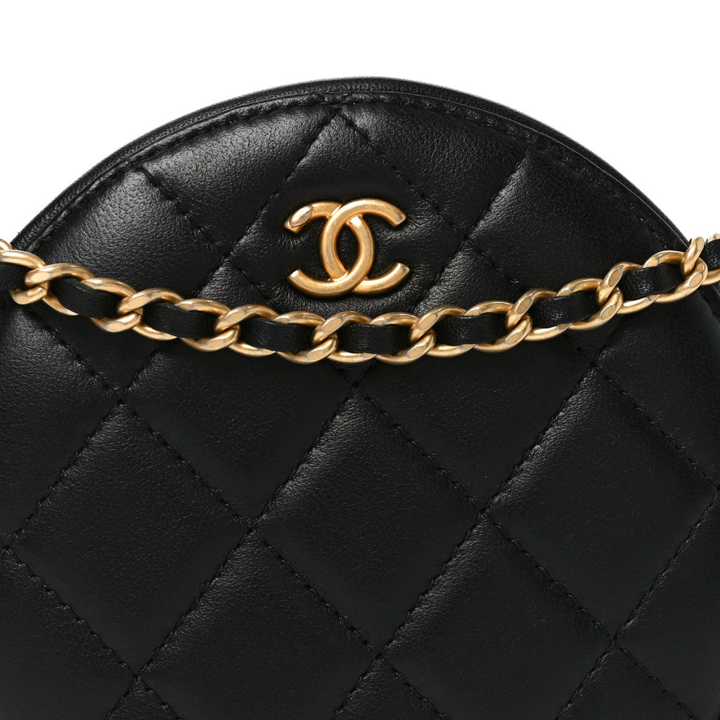 Lambskin Quilted Round Pearl Crush Clutch With Chain Black
