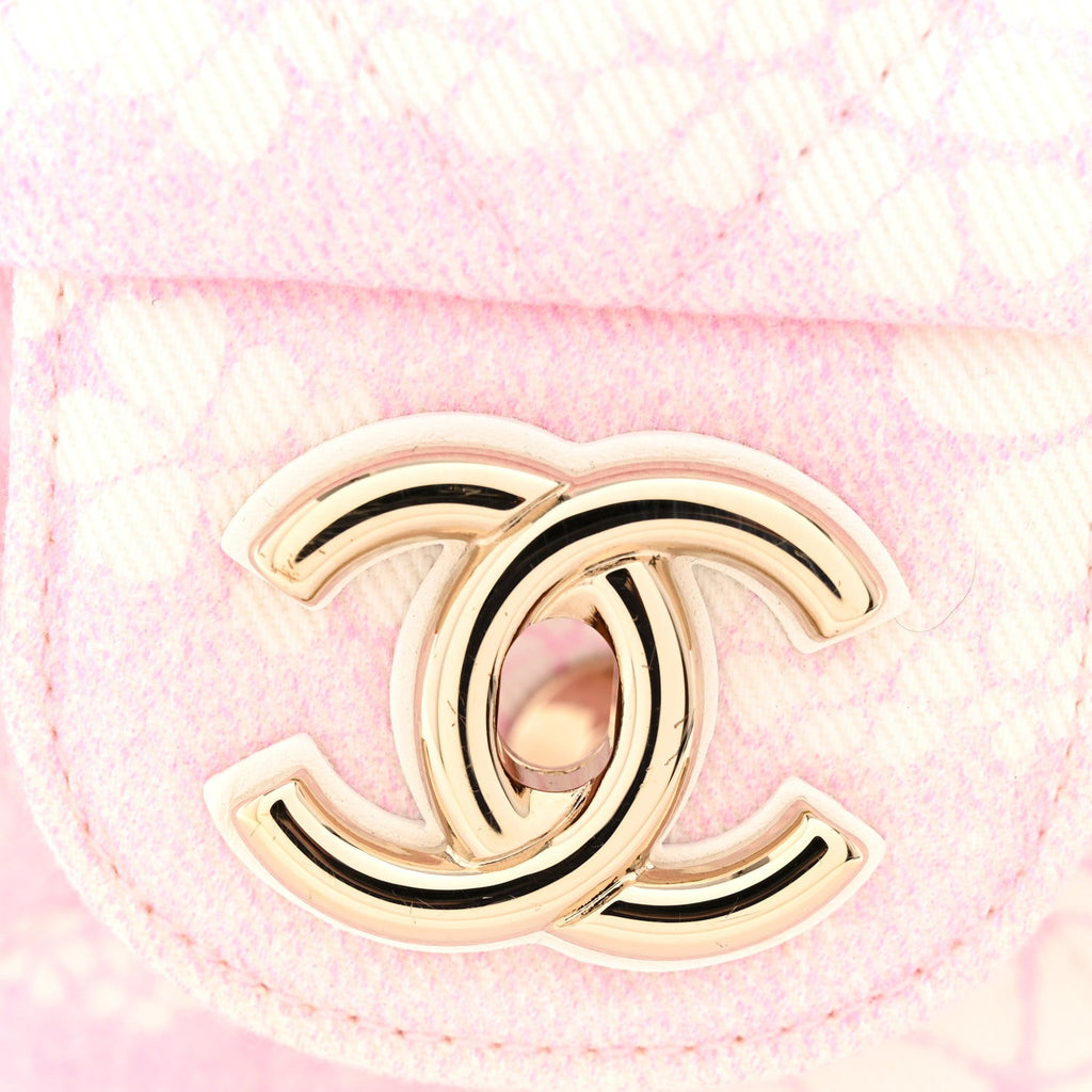 Printed Denim Quilted Medium Single Flap Bag Pink White Pink White