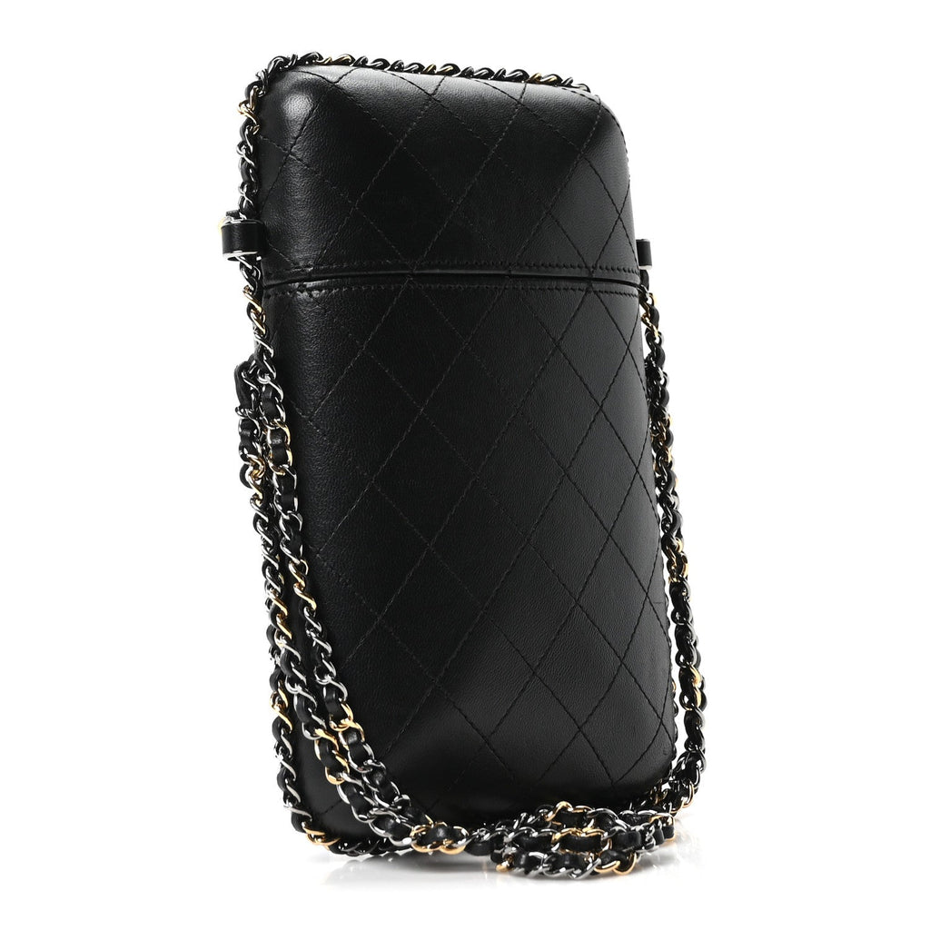 Lambskin Quilted Chain Around Phone Holder Black