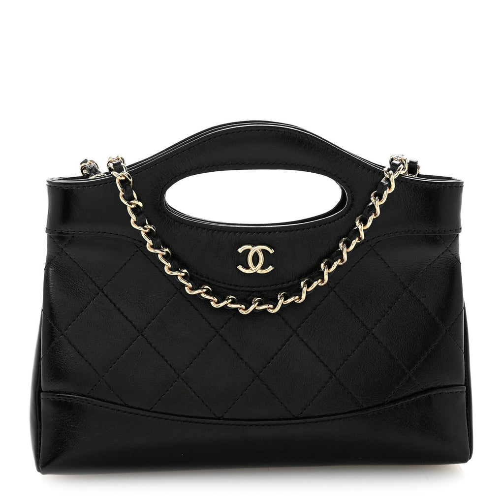 Shiny Crumpled Calfskin Quilted Nano 31 Shopping Bag Black