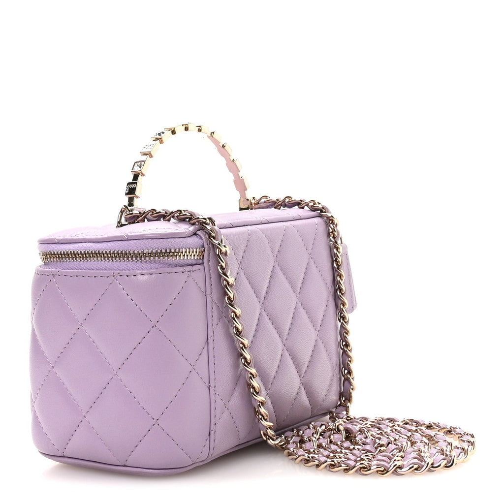 Lambskin Quilted Baguette Crystal Top Handle Vanity Case With Chain Purple