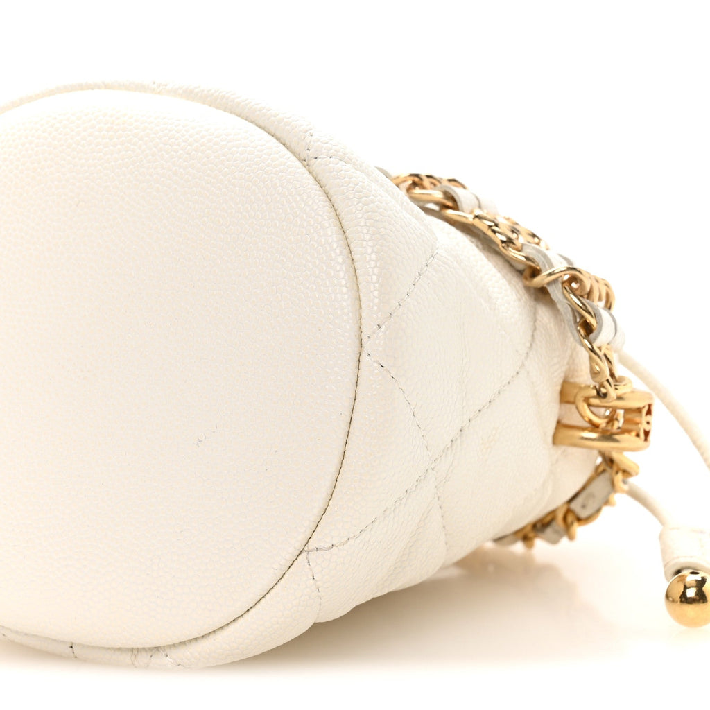 Caviar Quilted Coco First Bucket Clutch With Chain White