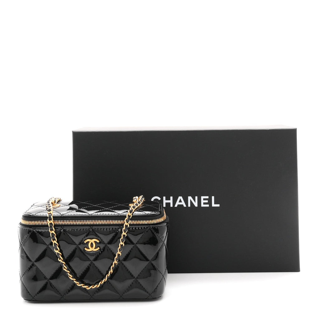 Patent Enamel Quilted Small Coco Hearts Vanity Case With Chain Black