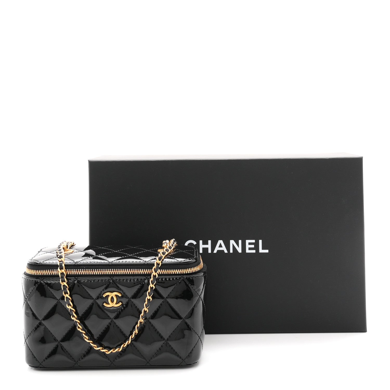 Patent Enamel Quilted Small Coco Hearts Vanity Case With Chain Black