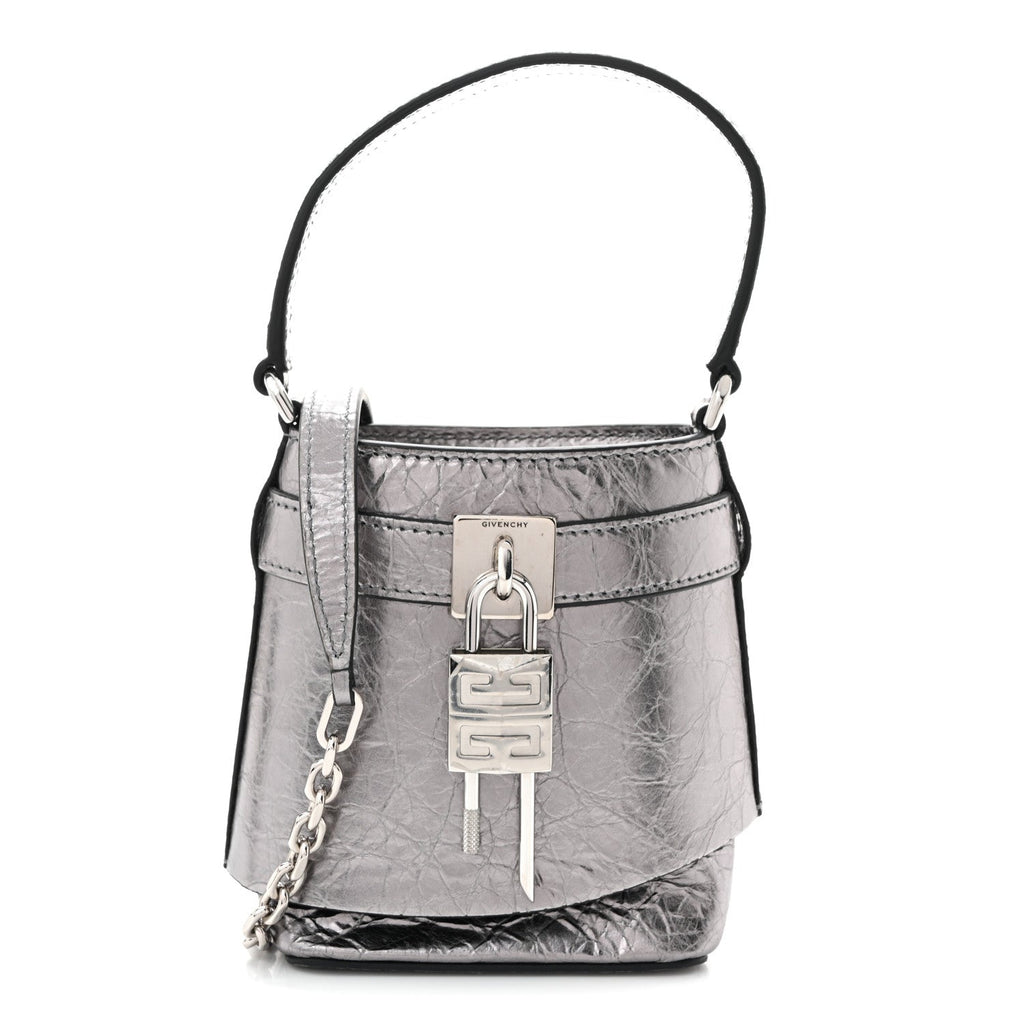 Laminated Lambskin Micro Shark Lock Bucket Bag Silvery Grey