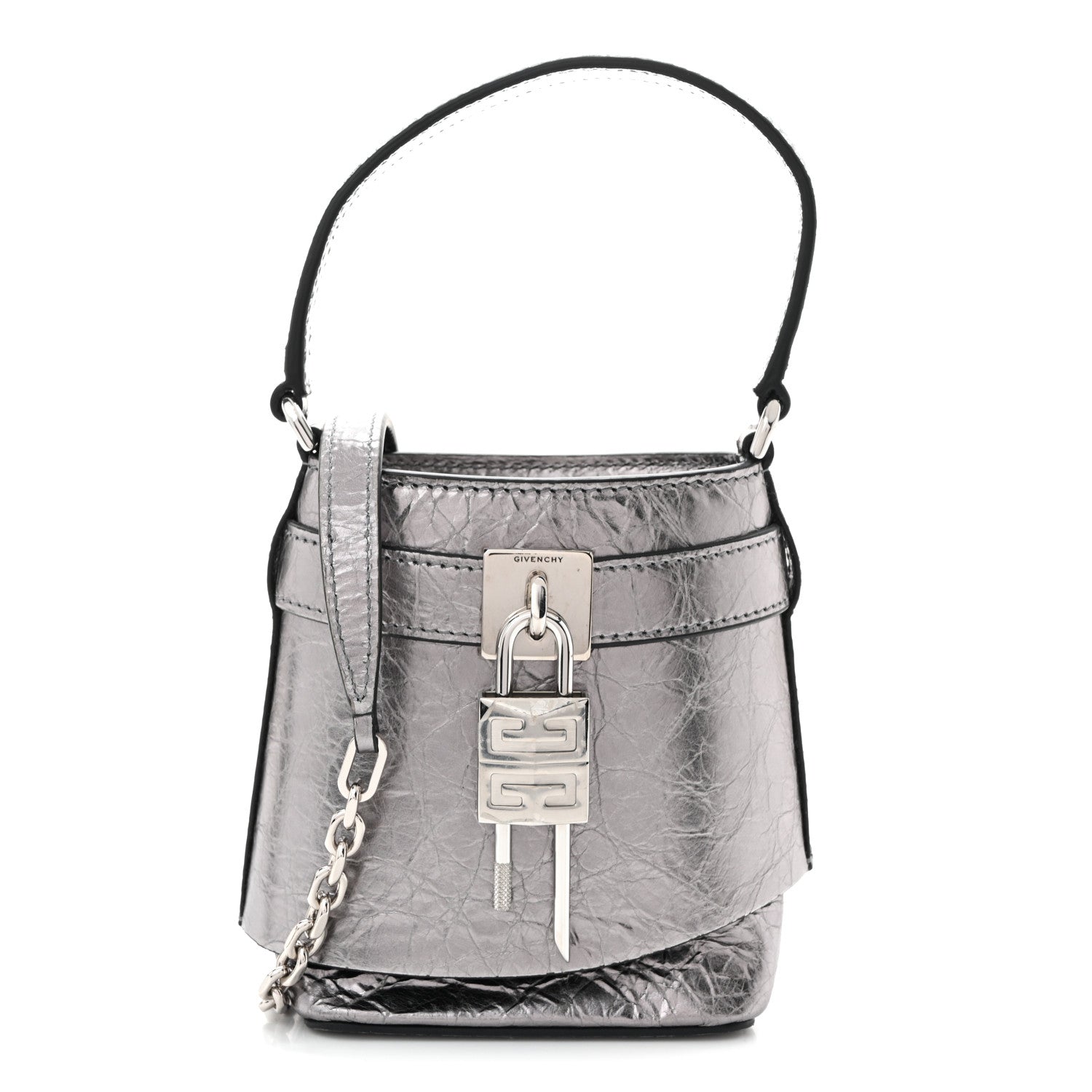 Laminated Lambskin Micro Shark Lock Bucket Bag Silvery Grey