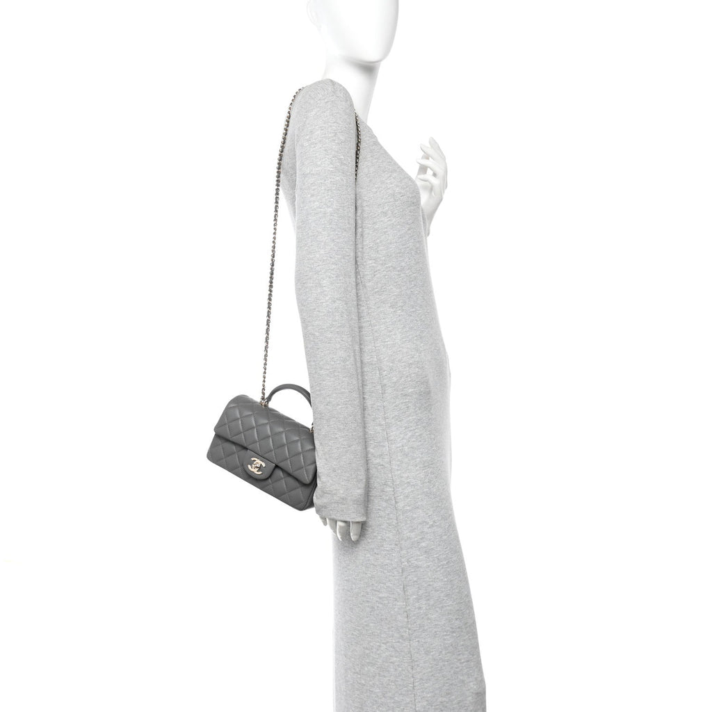 Lambskin Quilted Mini Top Handle Rectangular Flap Dark Grey