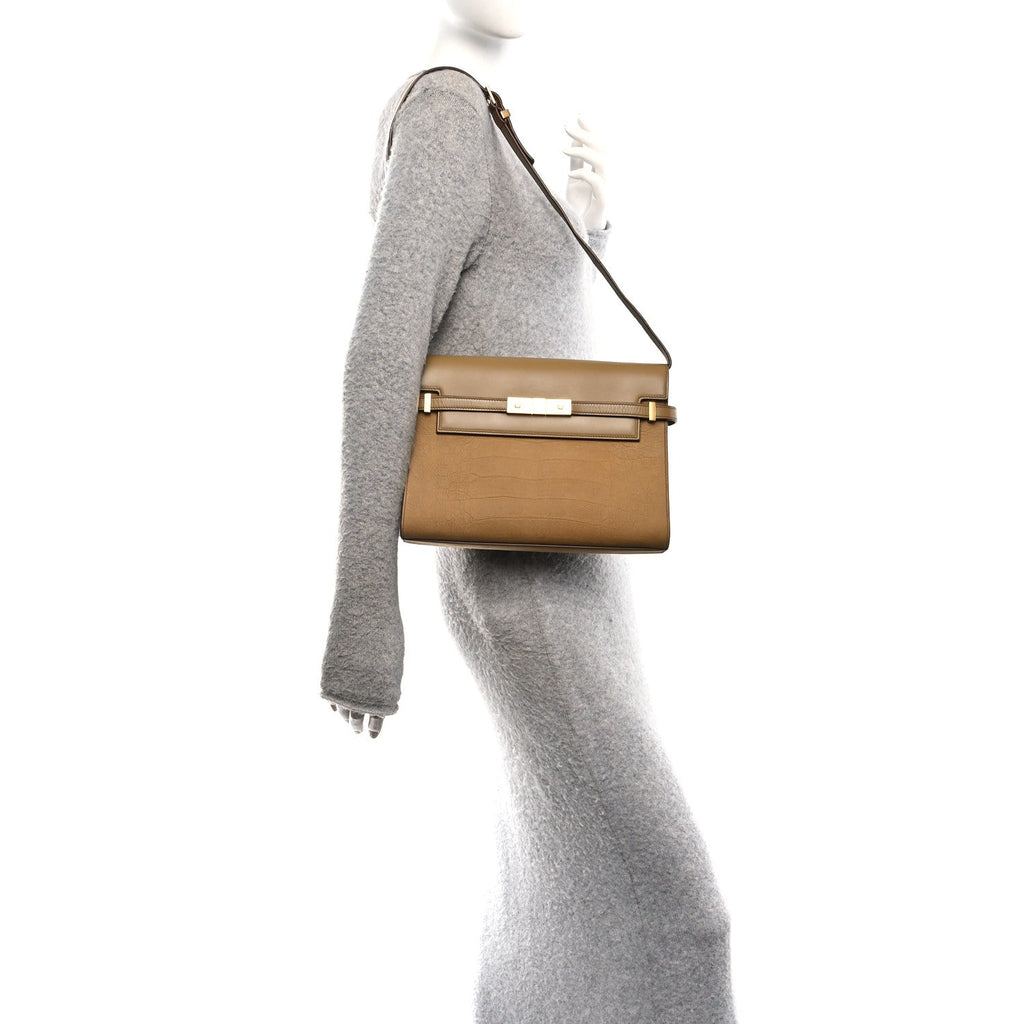 Smooth Calfskin Suede Crocodile Embossed Manhattan Shoulder Bag Tan