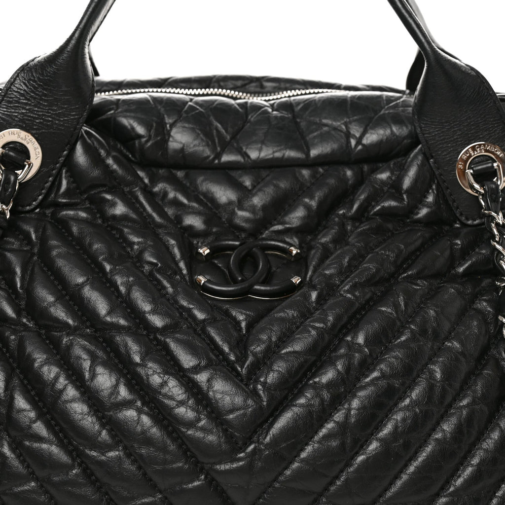 Aged Calfskin Chevron Large Soft Bowling Bag Black