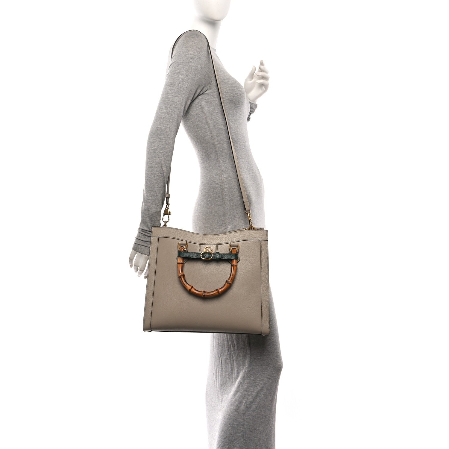 Textured Dollar Calfskin Web Medium Diana Tote Bag Oatmeal Vintage Green