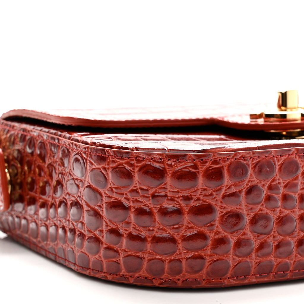Calfskin Crocodile Embossed Turn Around Mini Flap Grey Burgundy