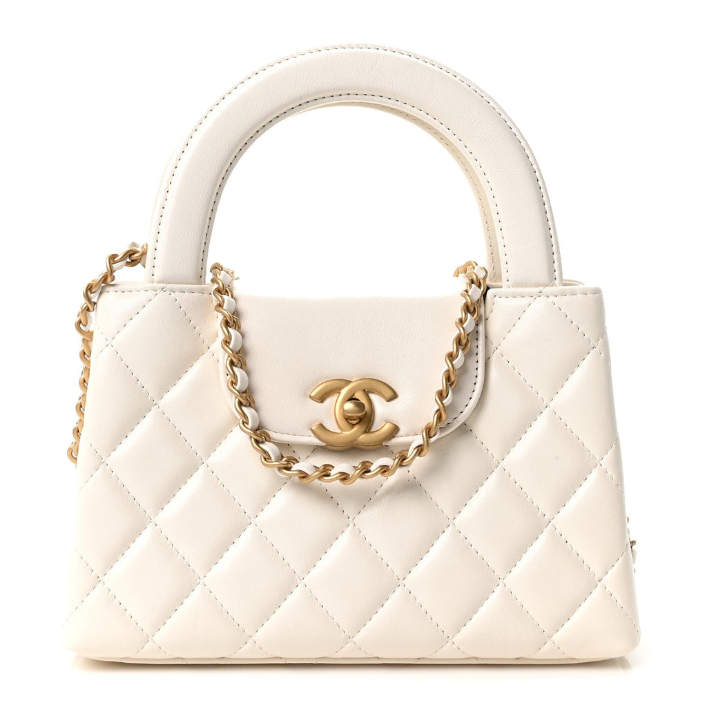 Shiny Aged Calfskin Quilted Nano Kelly Shopper White