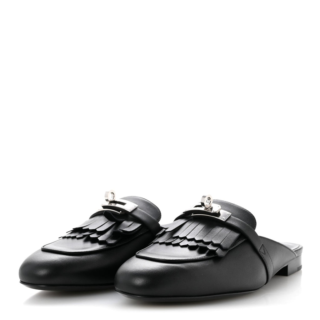Calfskin Fringe Oz Mules 38.5 Black
