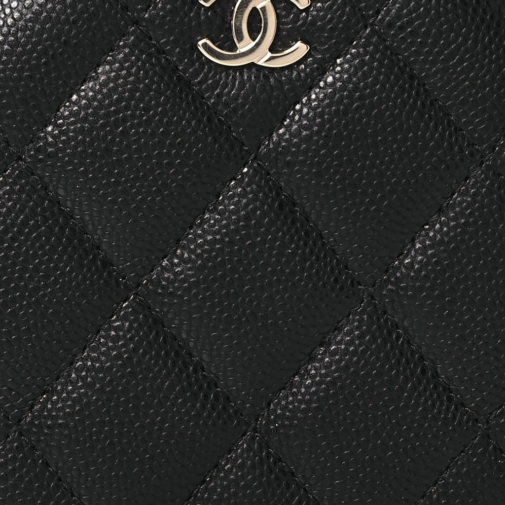 Caviar Quilted Round Top Handle Jewelry Case With Chain Black