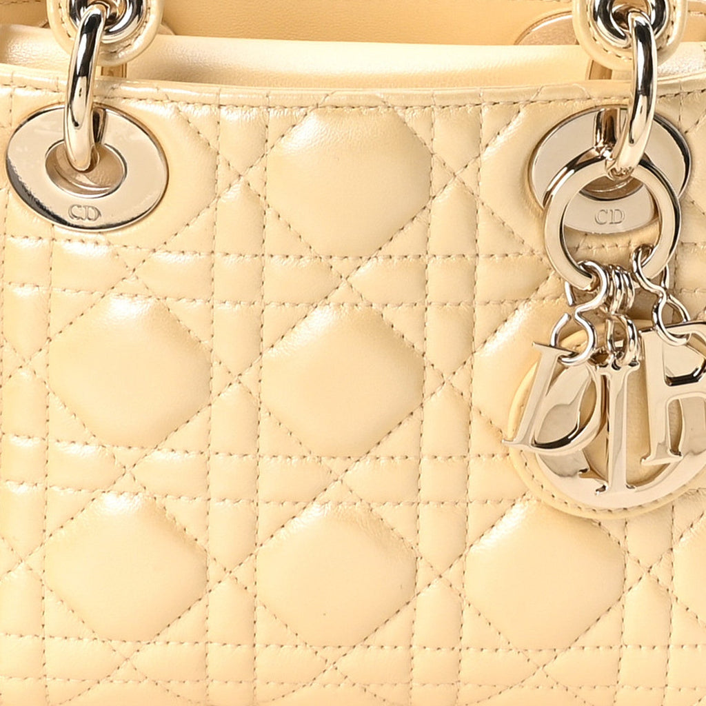 Iridescent Metallic Lambskin Cannage Mini Lady Dior Soft Yellow