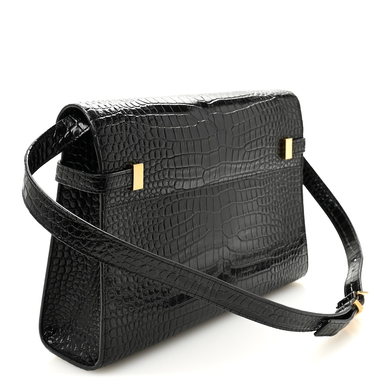 Shiny Calfskin Crocodile Embossed Manhattan Baguette Black