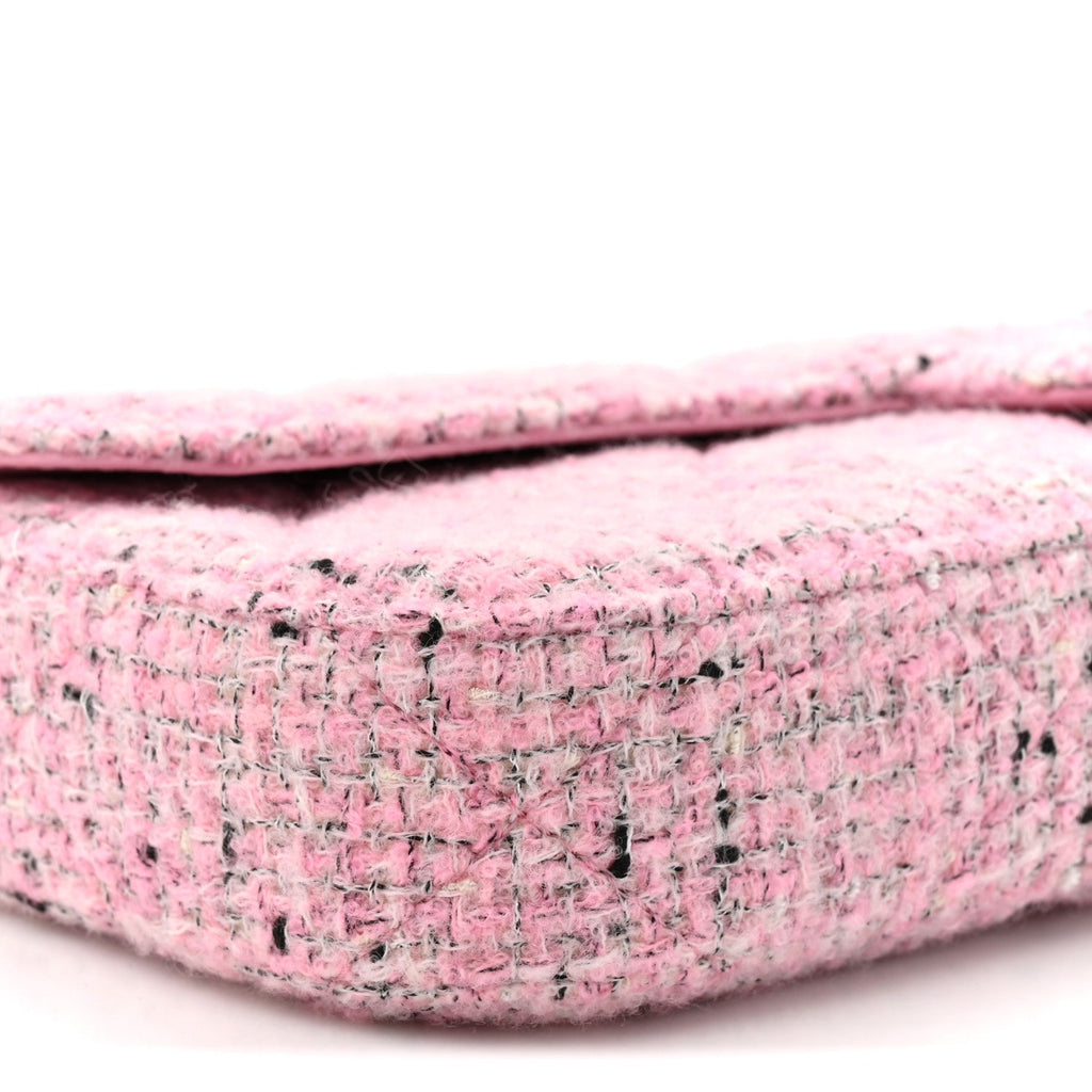 Tweed Large Top Handle Clutch With Chain Pink Black Ecru