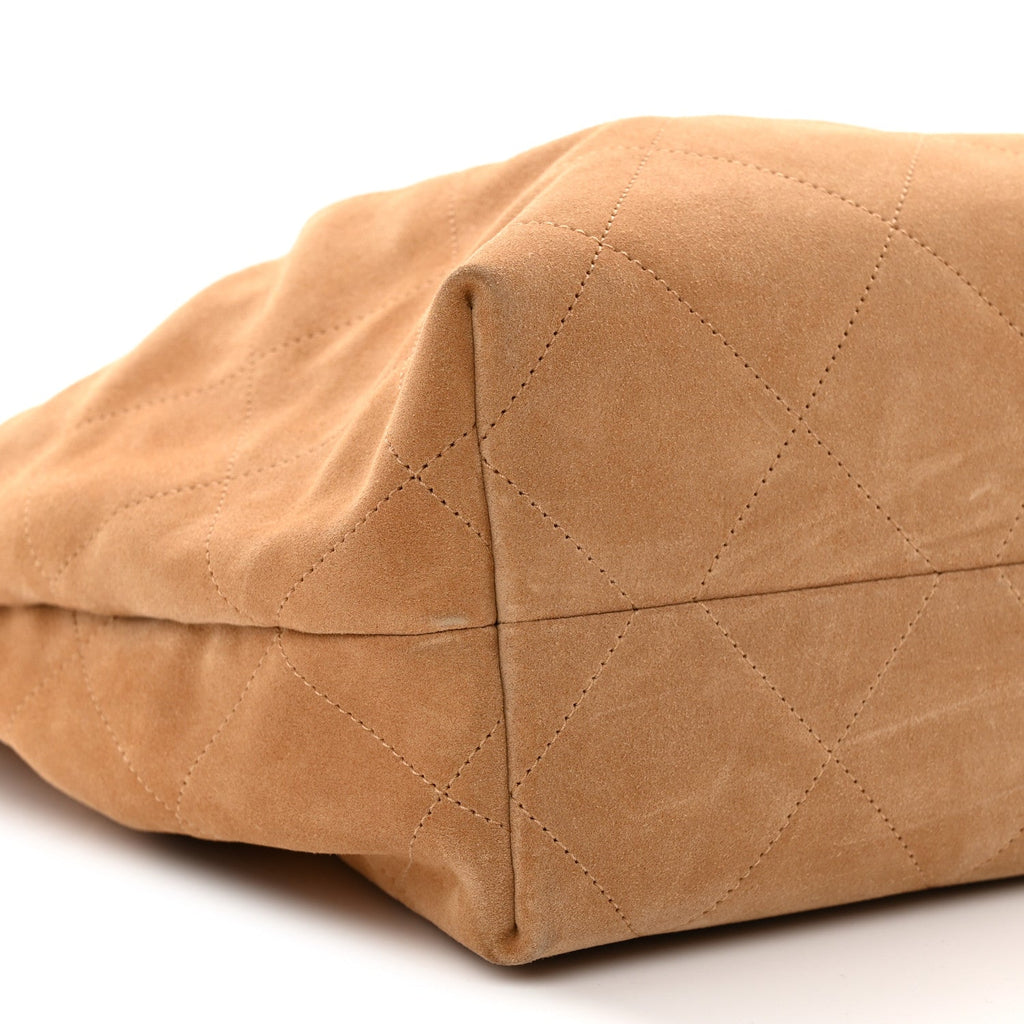 Suede Calfskin Lambskin Quilted Maxi Hobo Light Brown