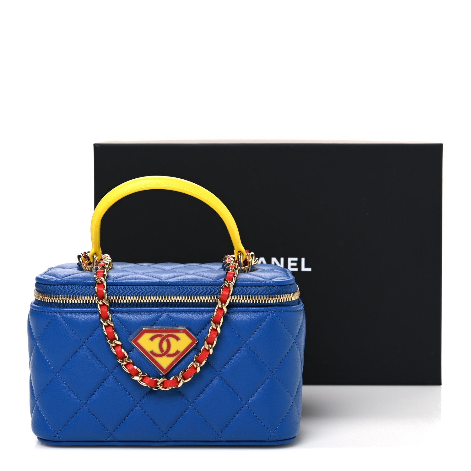 Lambskin Quilted Superman Top Handle Vanity Blue Red Yellow