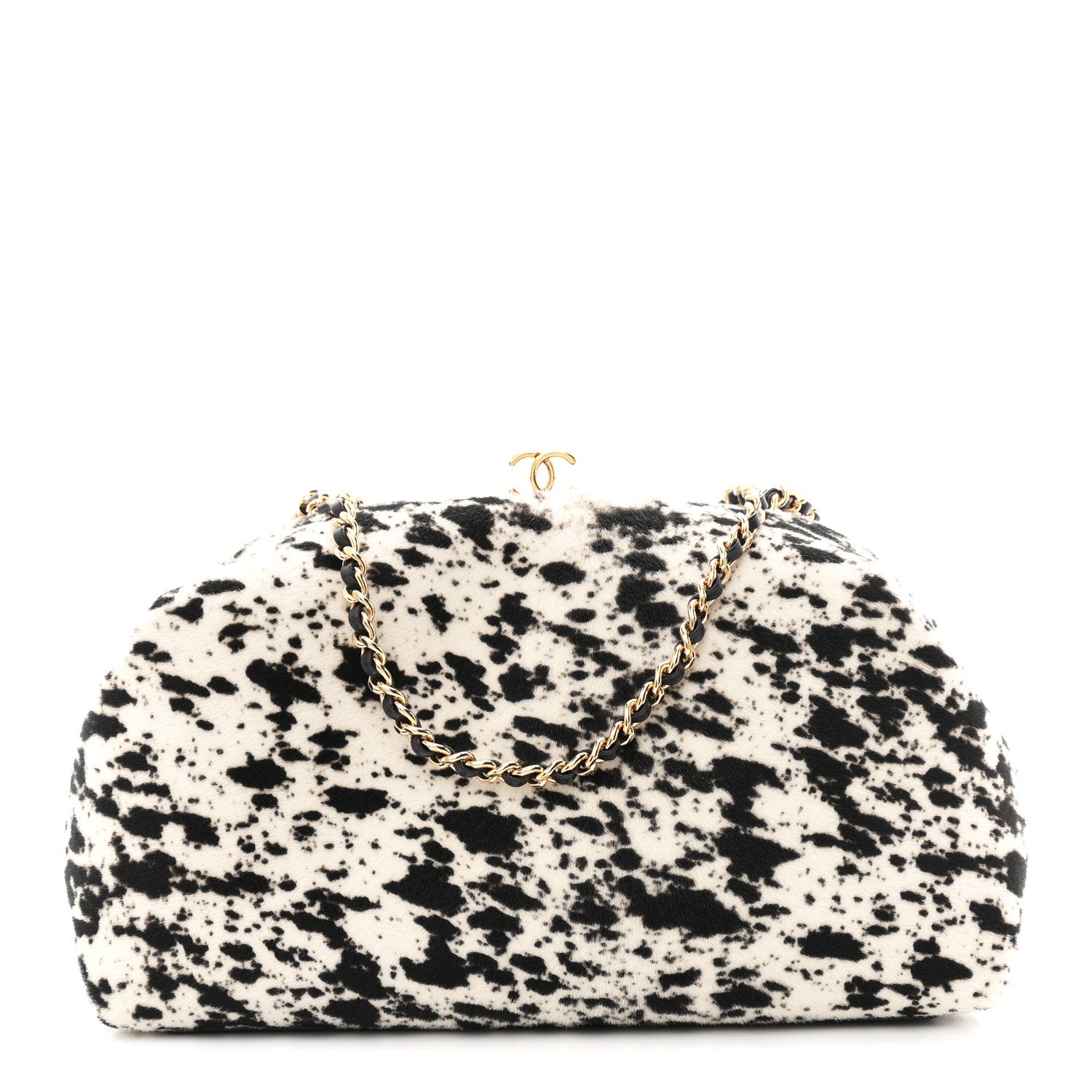 Lambskin Pony Hair Printed Clutch With Chain Black White