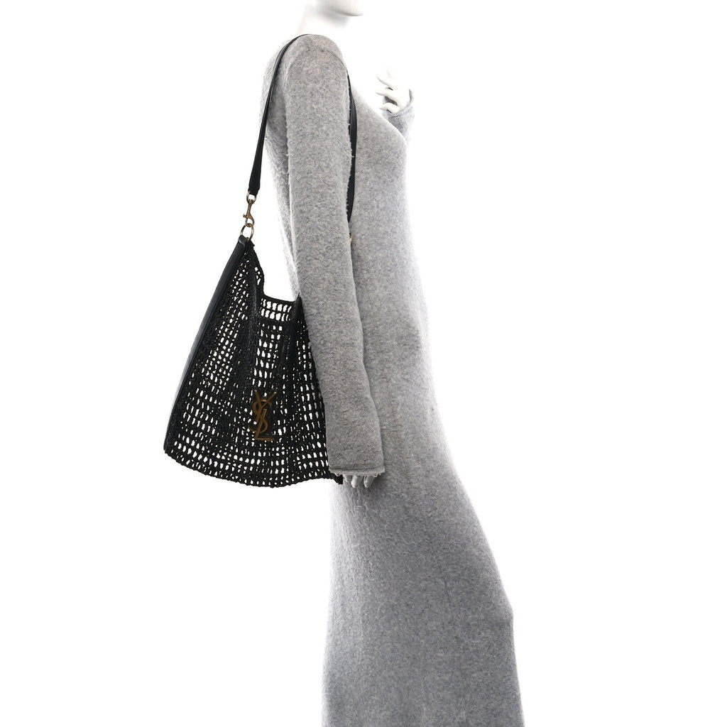 Raffia Calfskin Oxalis Shoulder Bag Black