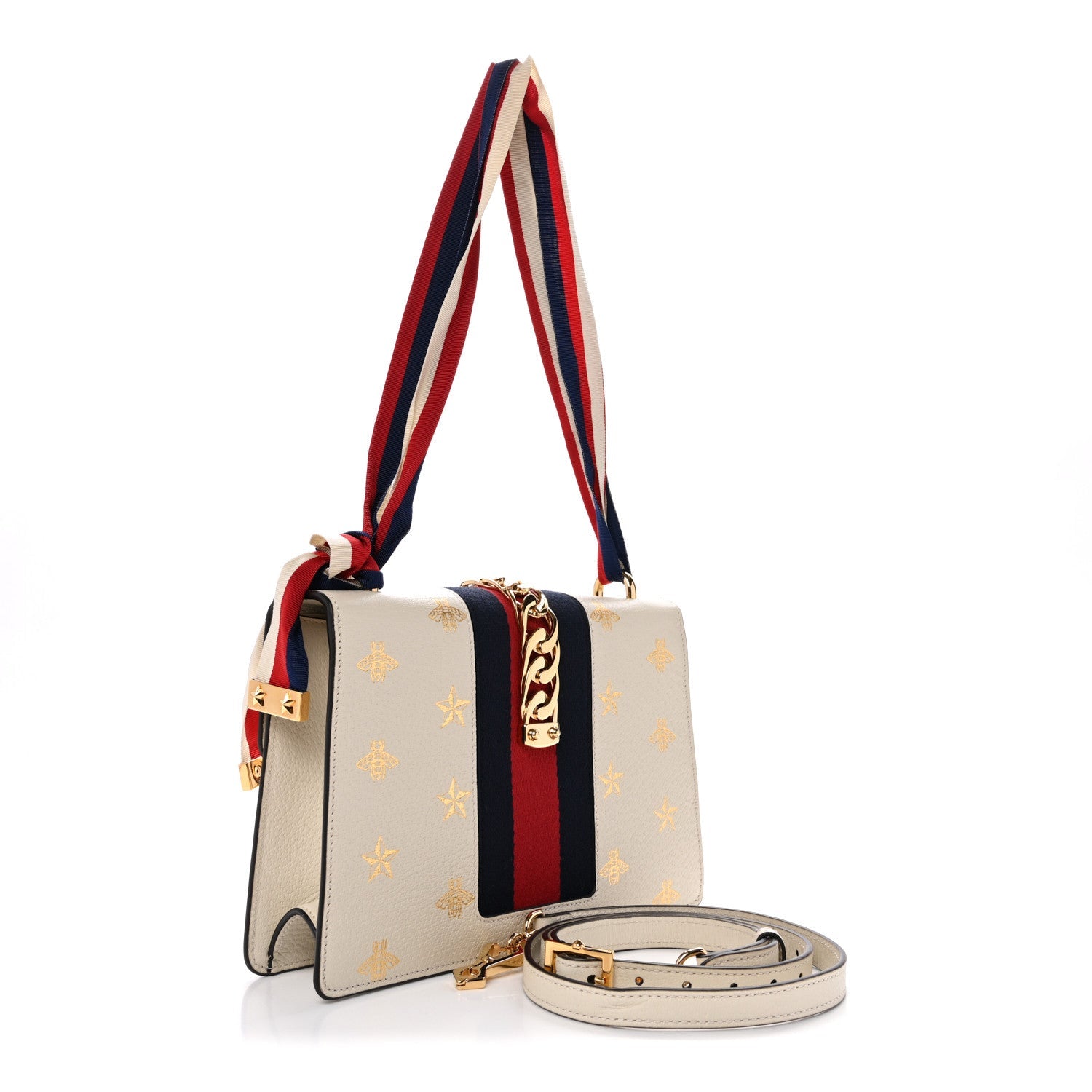 Textured Calfskin Bee Star Print Small Sylvie Shoulder Bag Mystic White