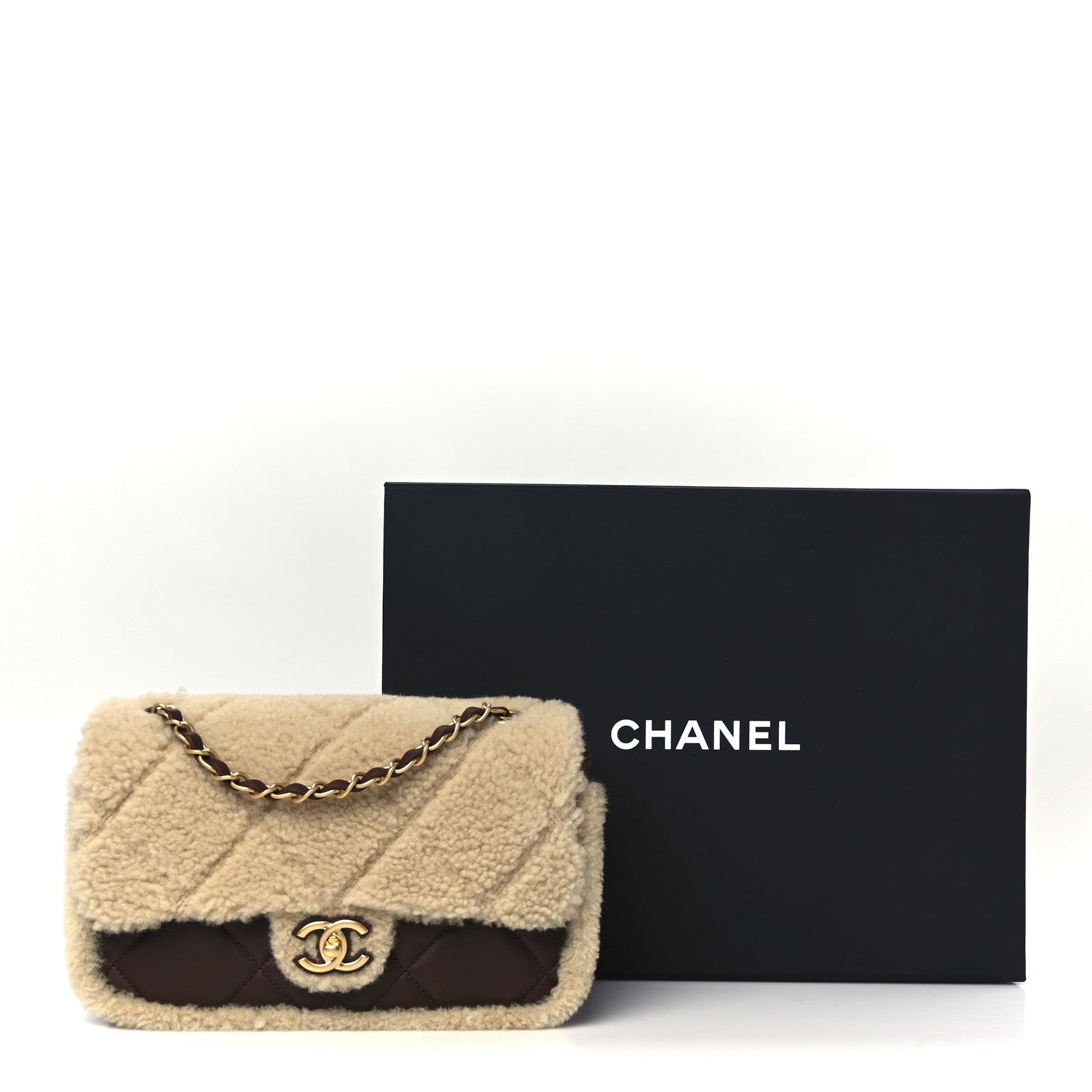 Shearling Lambskin Quilted Furry Coco Flap Beige Dark Brown