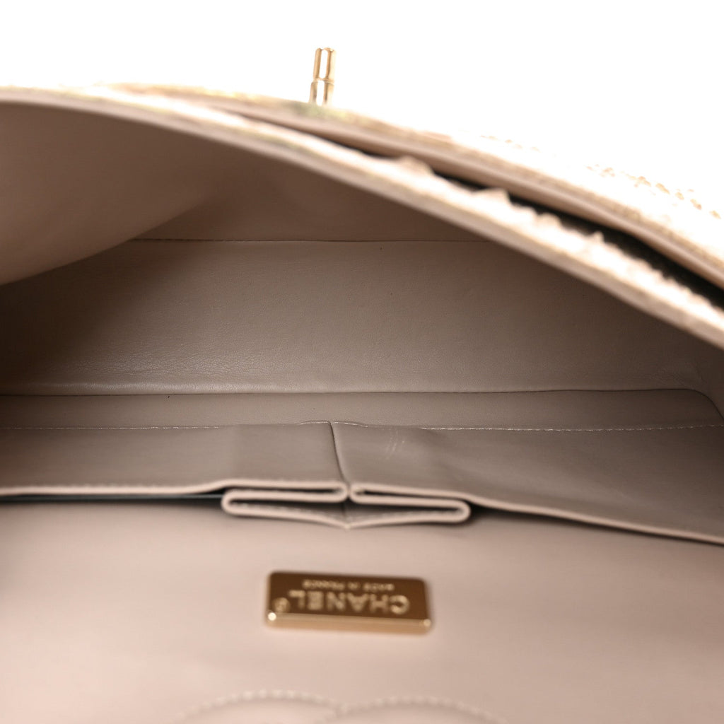 Metallic Snakeskin Medium Double Flap Light Beige