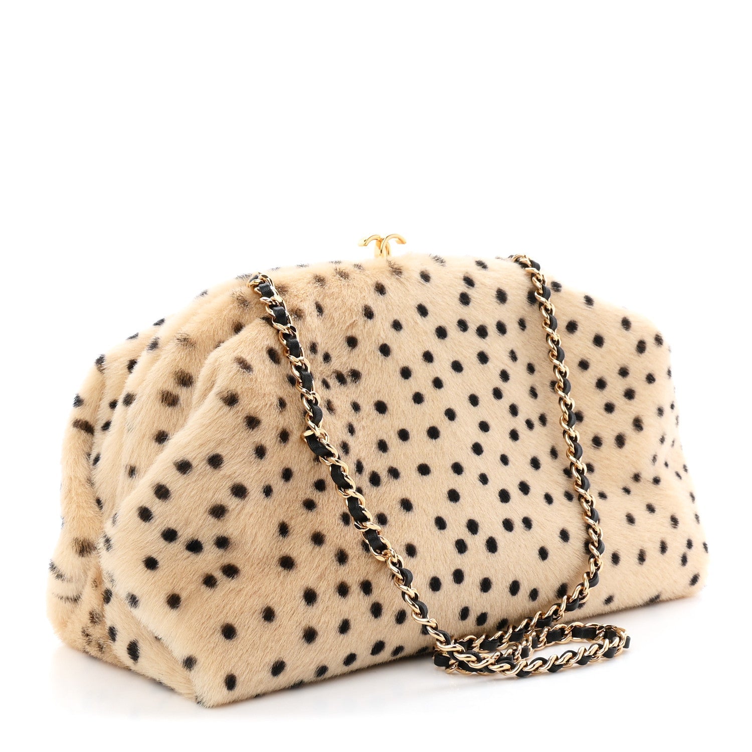 Pony Hair Cheetah Printed Lambskin Clutch With Chain Beige Black
