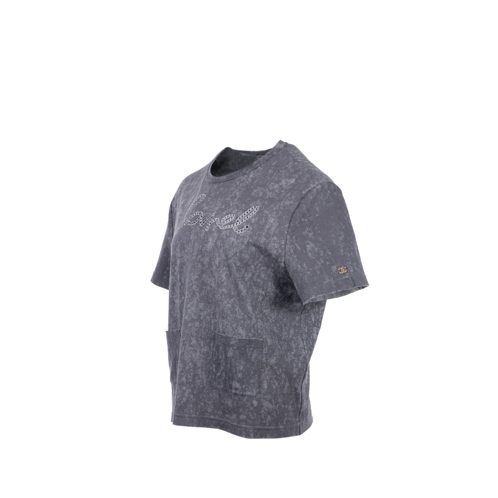 Chanel Size 42/44 20S Signature Logo with Crystal CC Logo Plaque T-shirt Cotton Gray