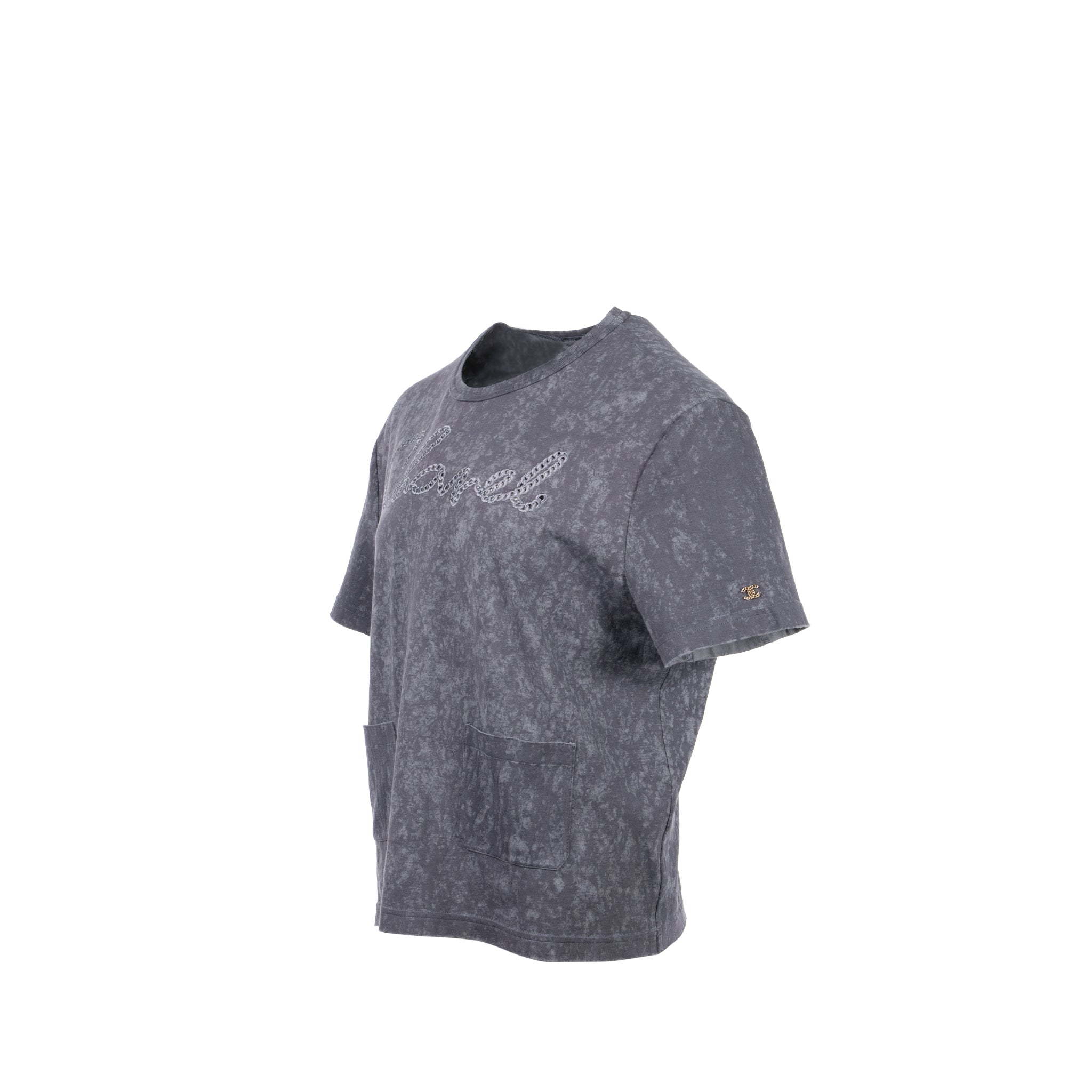 Chanel Size 42/44 20S Signature Logo with Crystal CC Logo Plaque T-shirt Cotton Gray