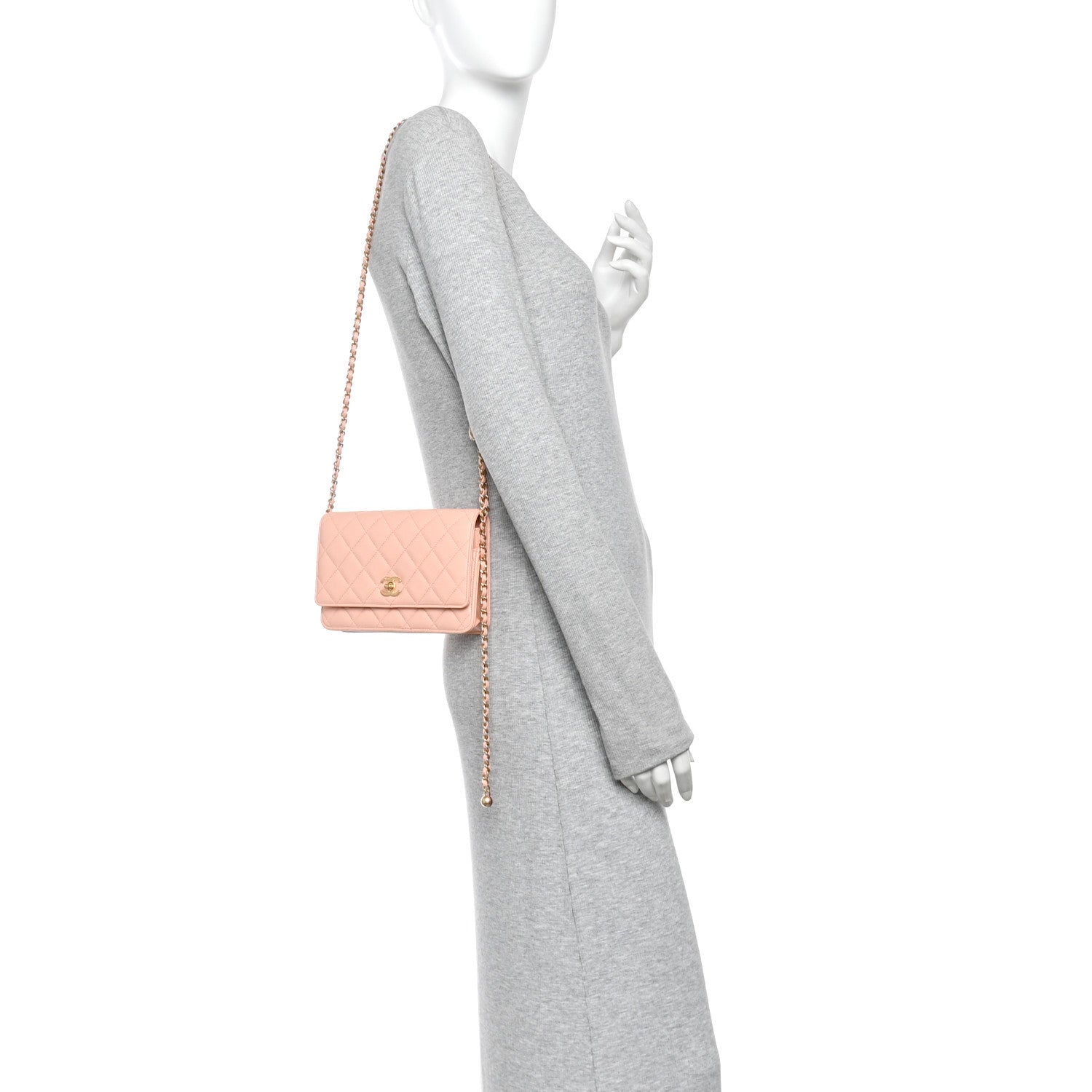 Lambskin Quilted CC Pearl Crush Wallet on Chain WOC Light Orange