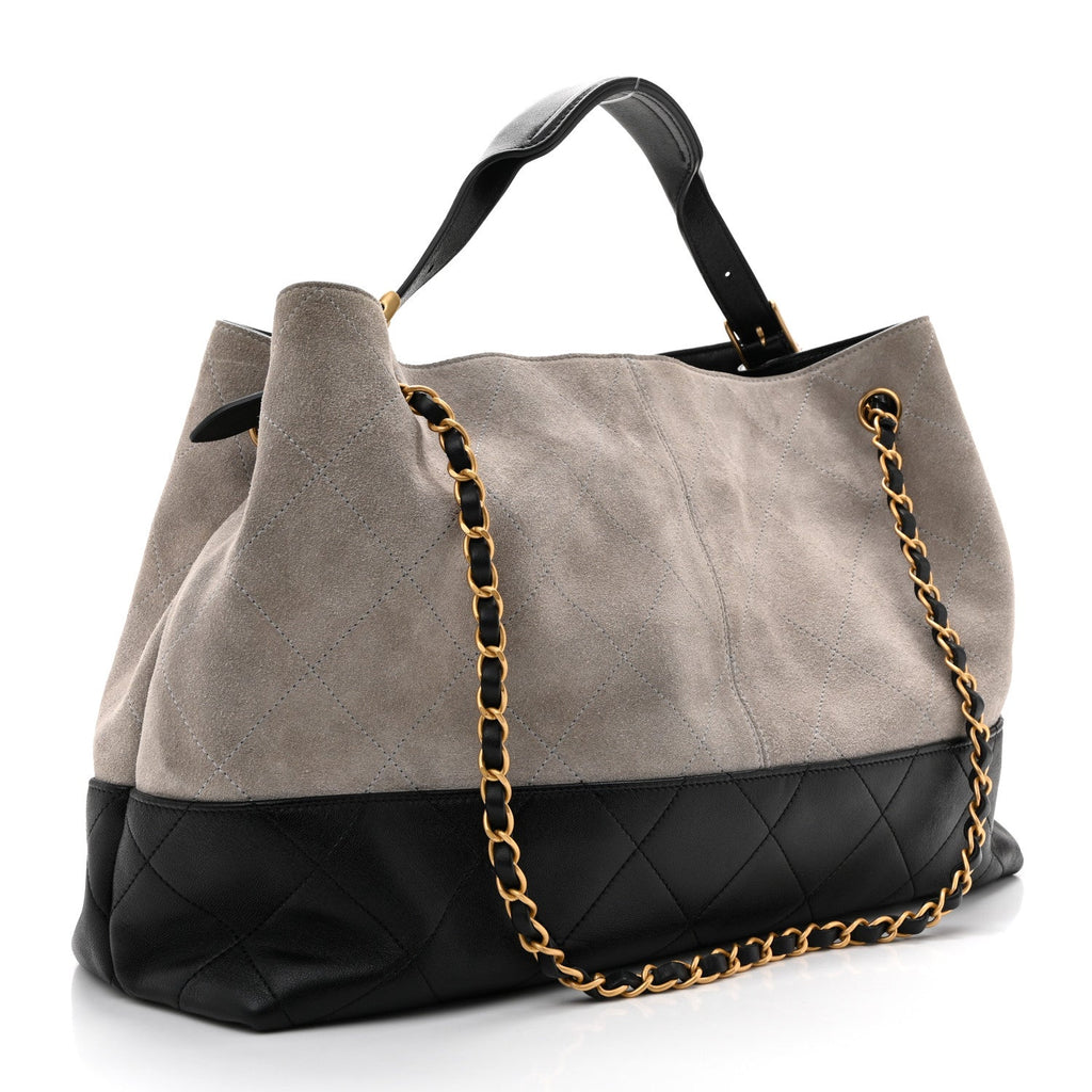 Suede Calfskin Shiny Lambskin Quilted Large Coco Base Shopping Bag Grey Black