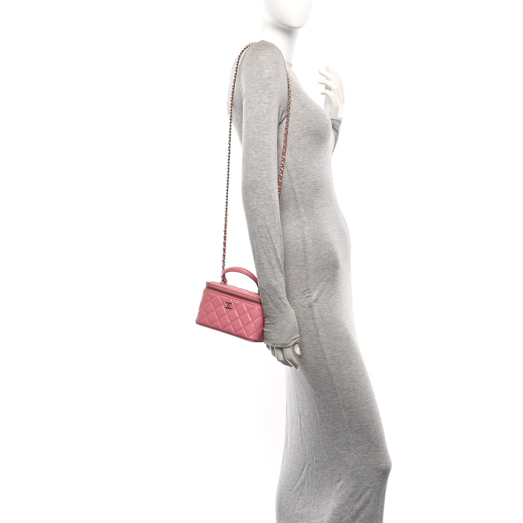 Lambskin Quilted Small Top Handle Vanity Case With Chain Pink