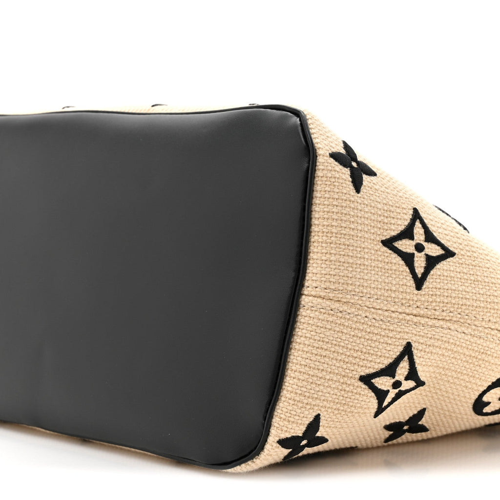 Cotton Monogram Embroidered Neverfull MM Beige Black