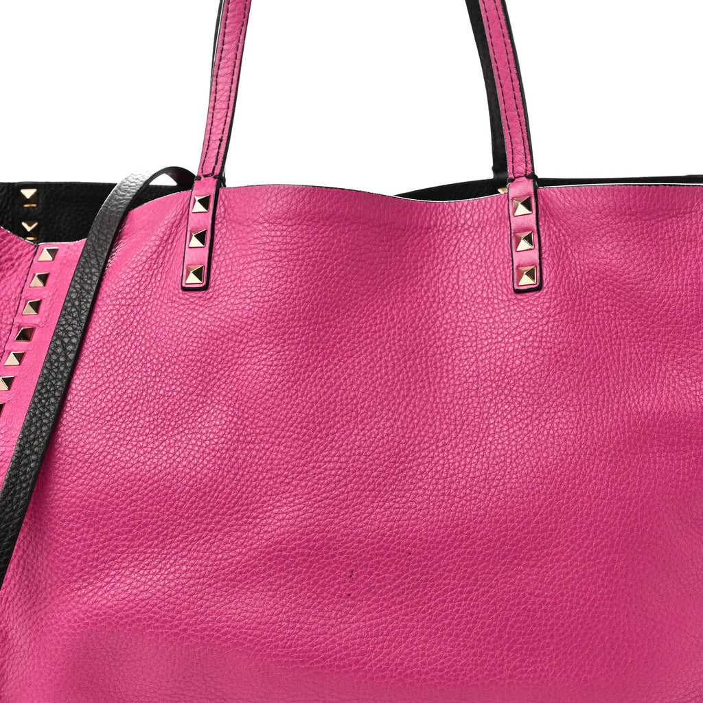 Grained Calfskin Medium Rockstud Reversible Tote Black Rose Violet