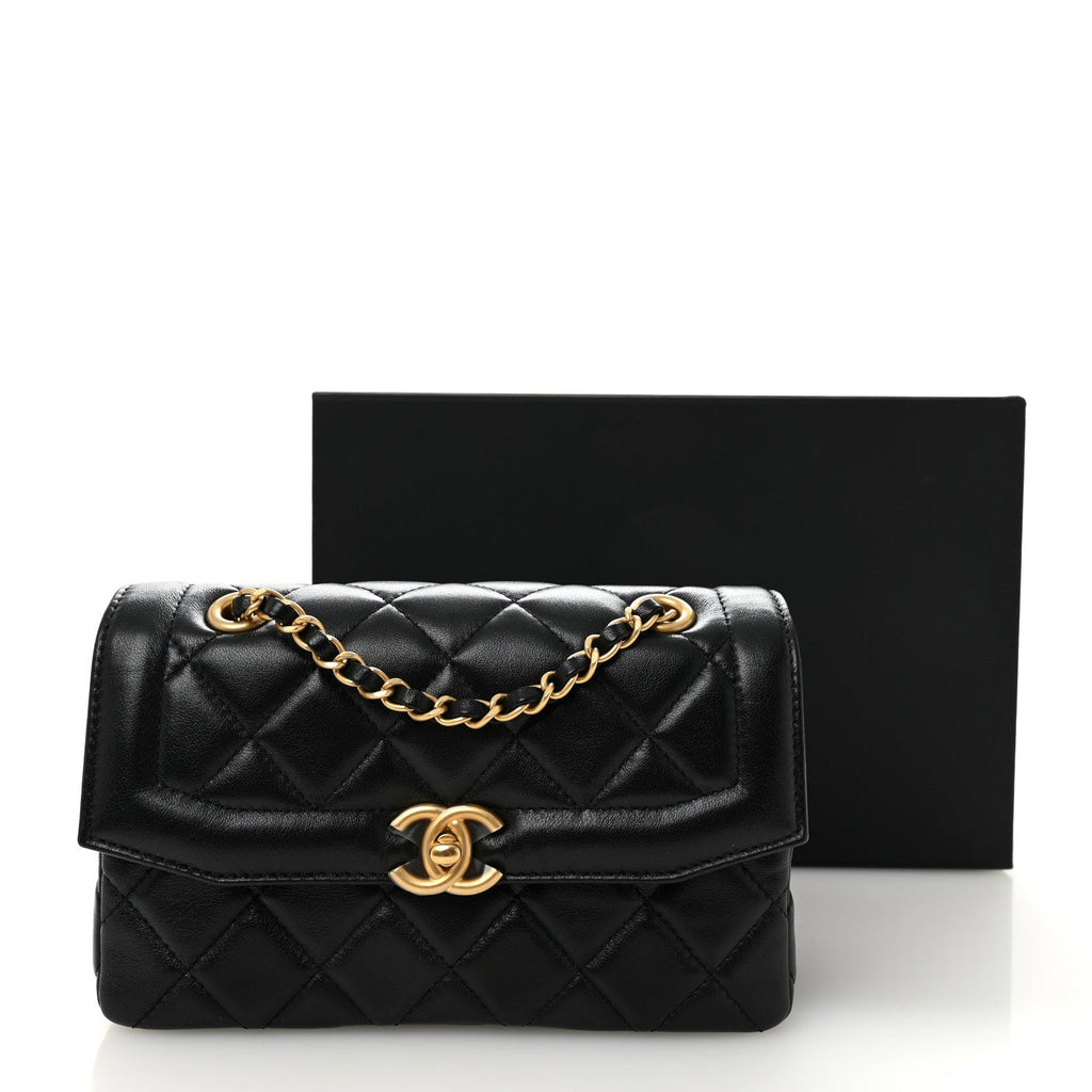 Shiny Lambskin Quilted Mini Flap Black