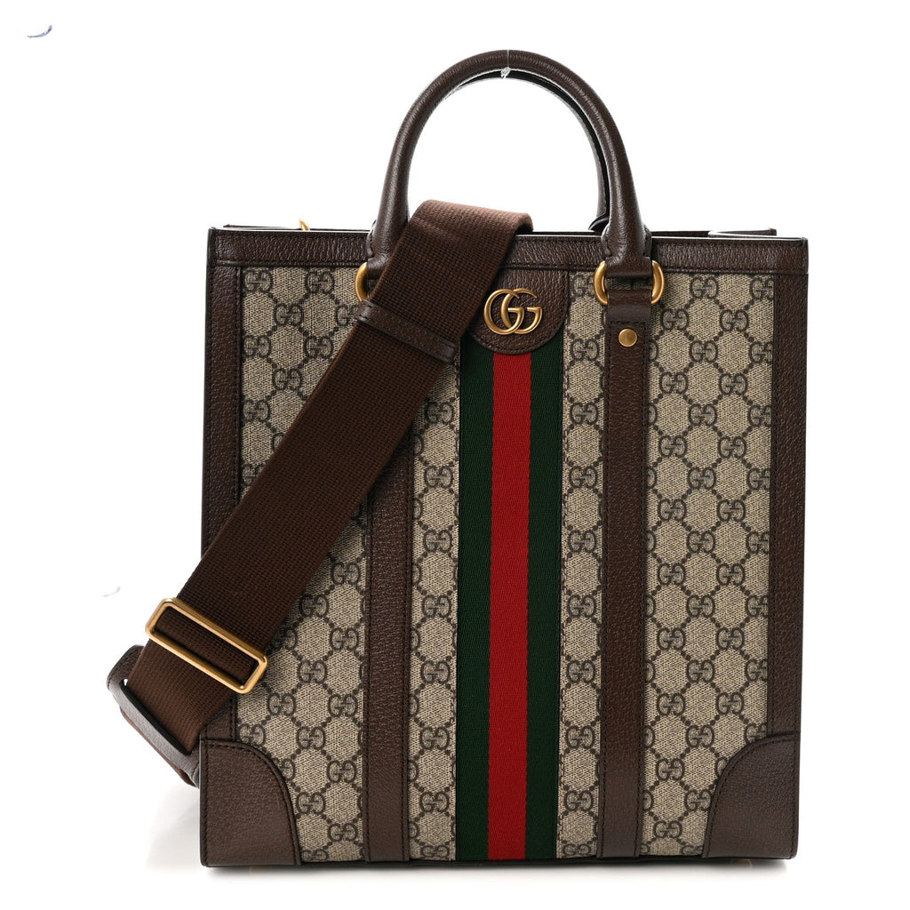 GG Supreme Monogram Textured Dollar Calfskin Web Medium Ophidia Tote Bag Beige Ebony