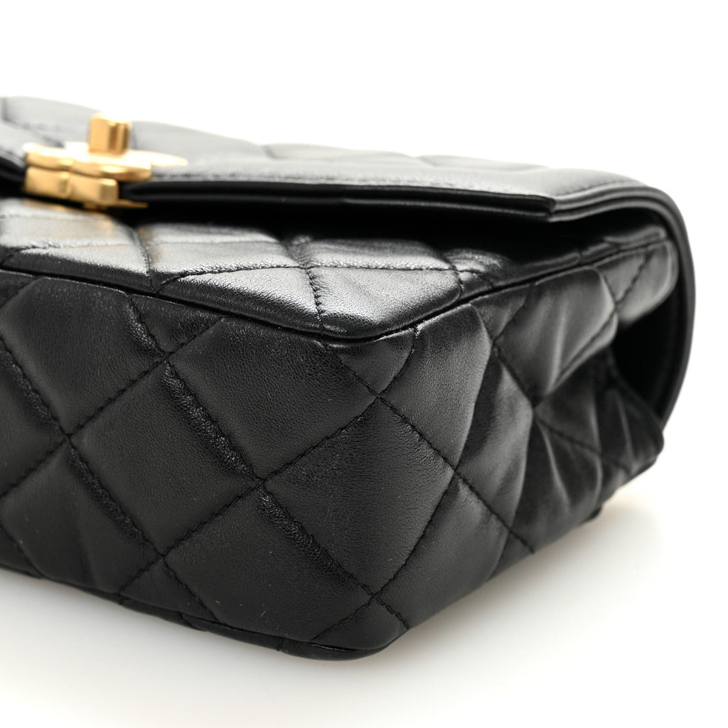 Shiny Lambskin Quilted Mini Flap Black