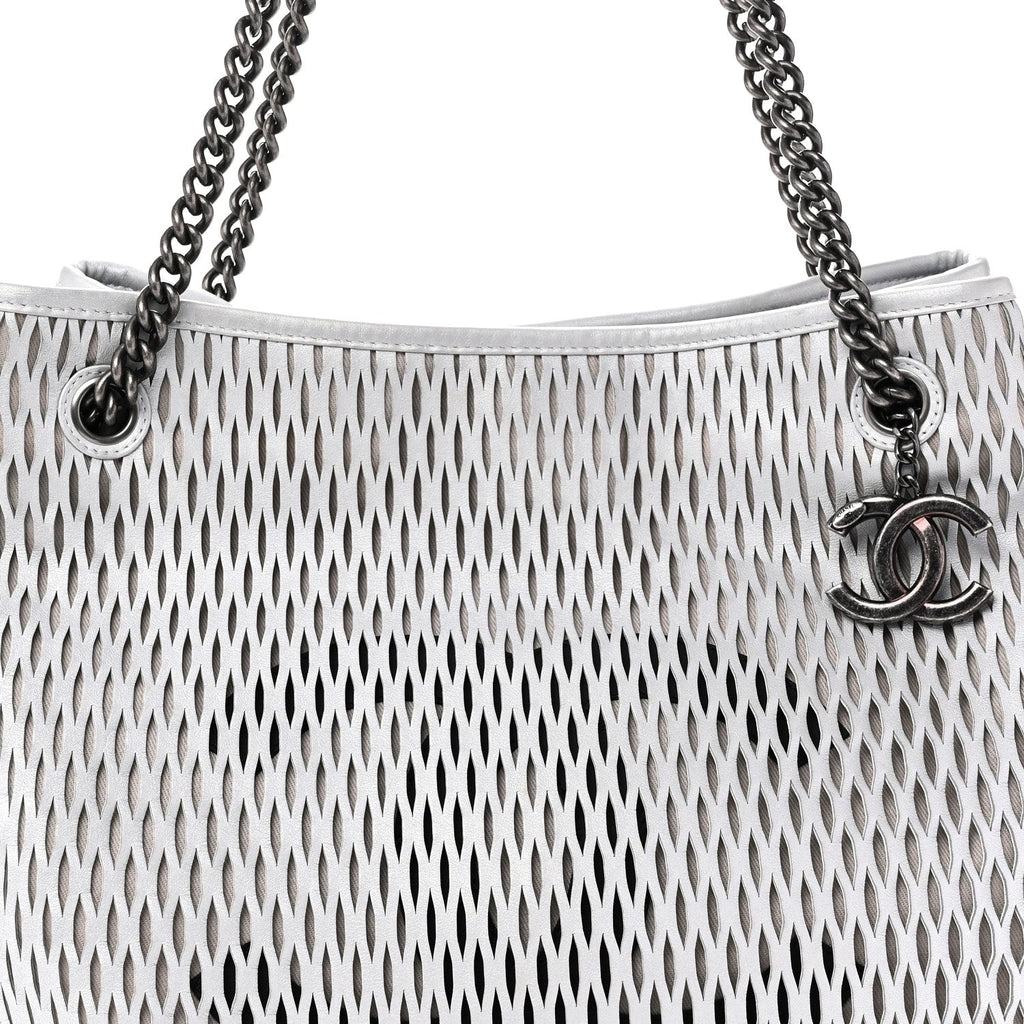 Calfskin Laser Cut Perforated CC Tote Silver